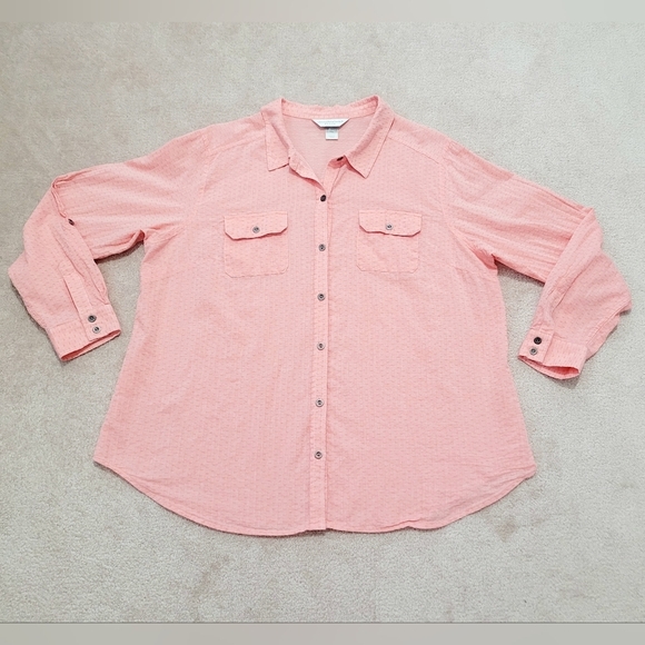 Christopher & Banks woman Petite P/XL Textured Button-Up Shirt Pink 100% Cotton - Picture 5 of 10